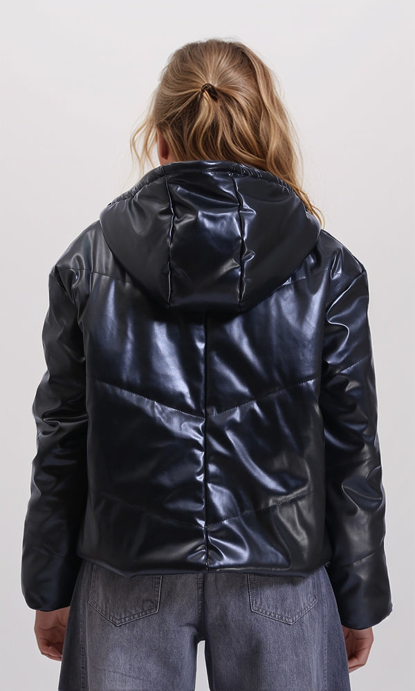 R211076 - Hooded Neck Shiny Bomber Jacket - Black