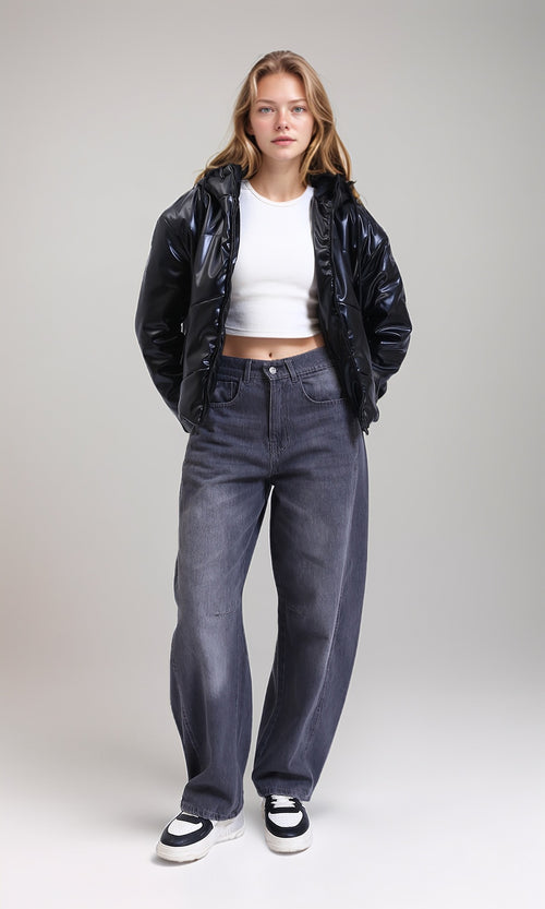 R211076 - Hooded Neck Shiny Bomber Jacket - Black