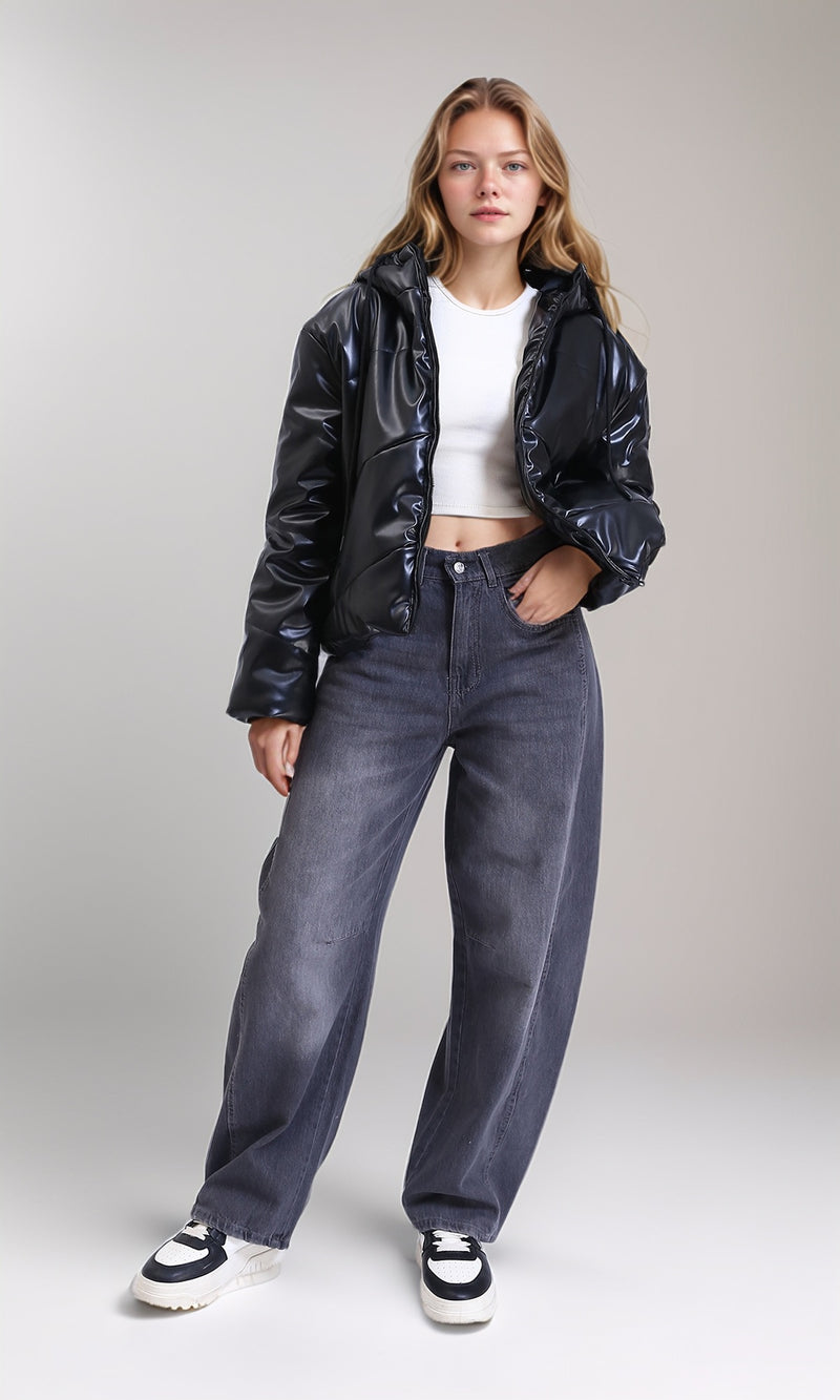 R211076 - Hooded Neck Shiny Bomber Jacket - Black