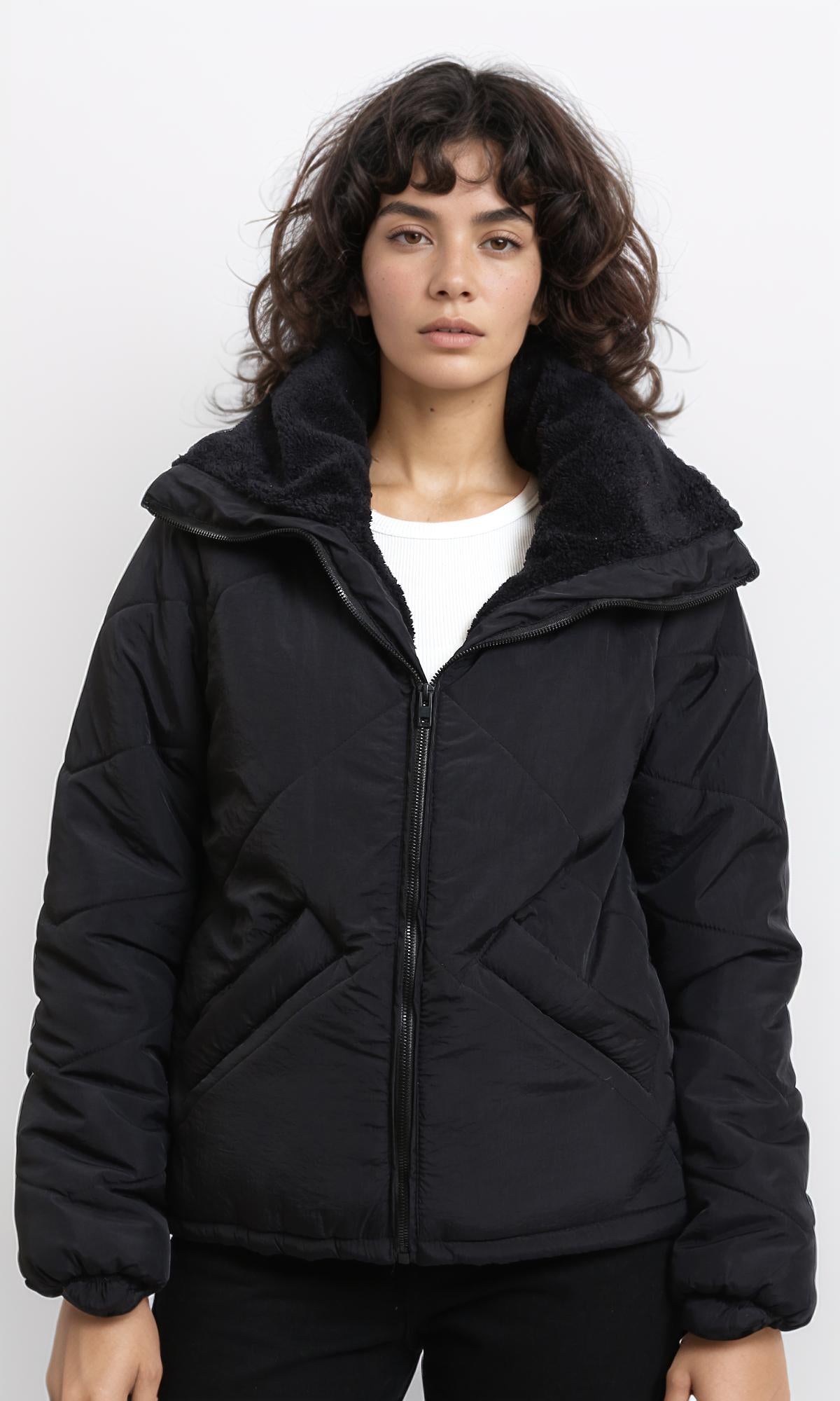 Zipped Bomber Jacket with Inner Fur - Black