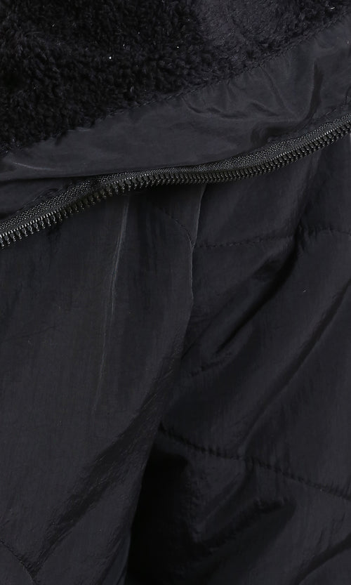 R211079 - Zipped Bomber Jacket with Inner Fur - Black