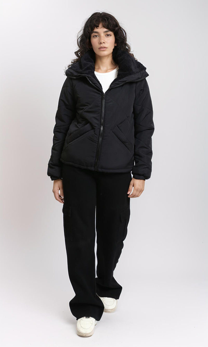 R211079 - Zipped Bomber Jacket with Inner Fur - Black
