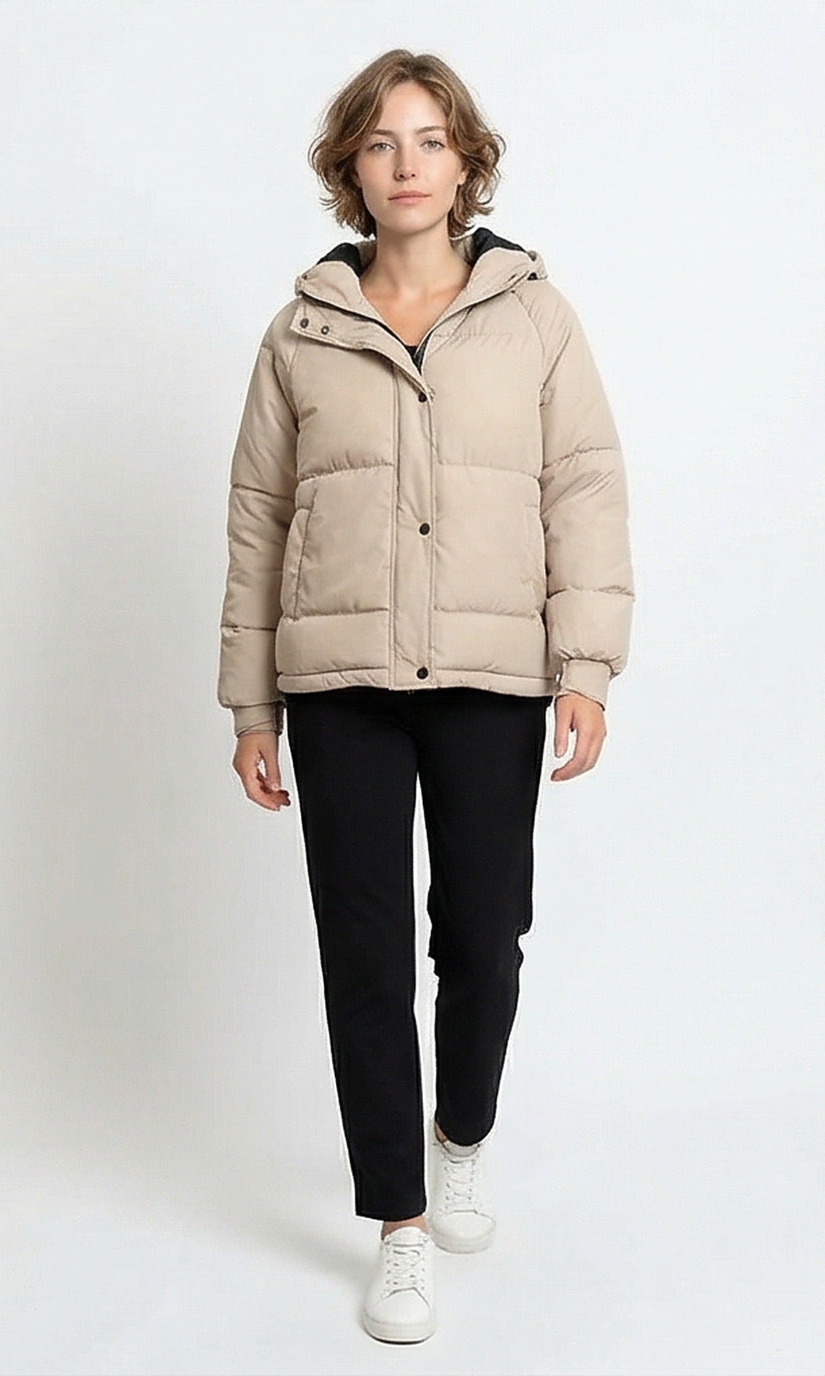 Beige Hooded Quilted Puffer Jacket