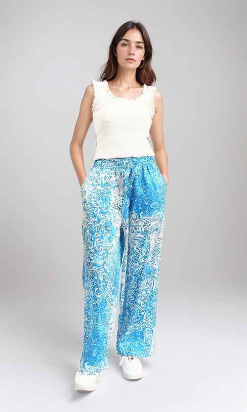 R211083 - Slip On Flory Comfy Pants - Light Blue & White