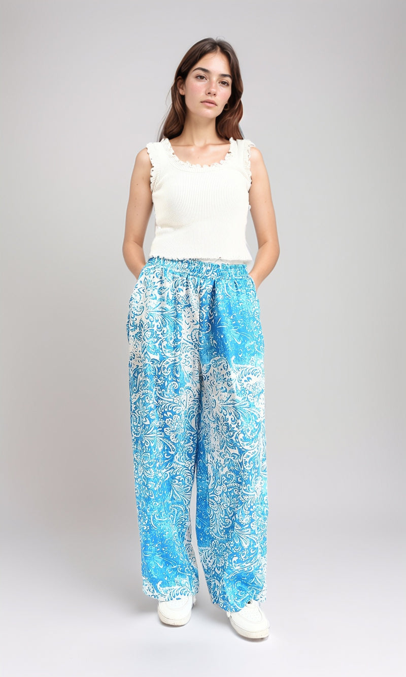 R211083 - Slip On Flory Comfy Pants - Light Blue & White