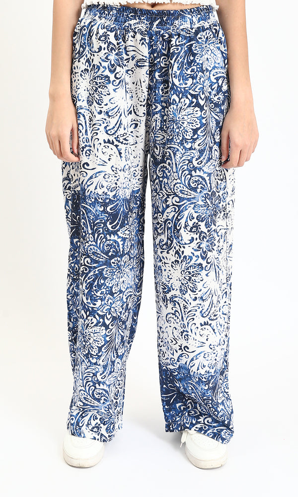 R211084 - Slip On Flory Comfy Pants - Navy Blue & White