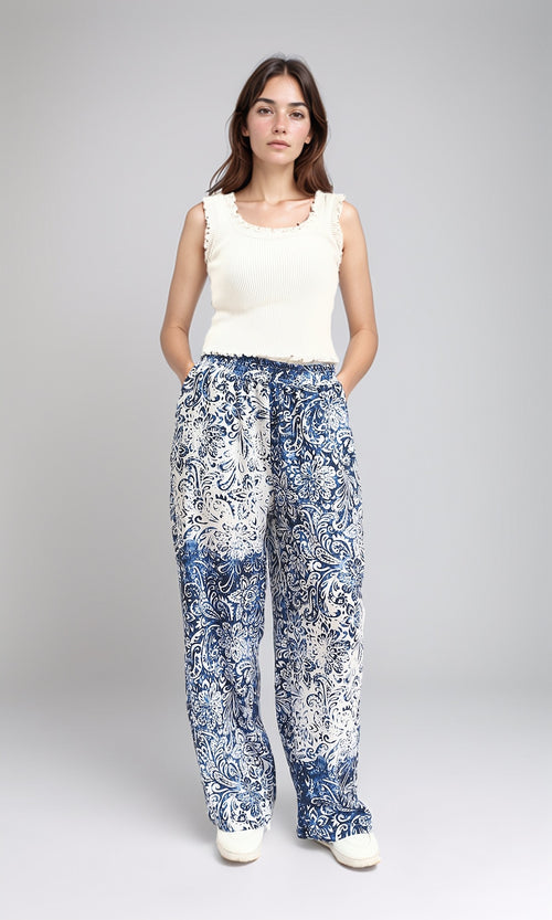 R211084 - Slip On Flory Comfy Pants - Navy Blue & White