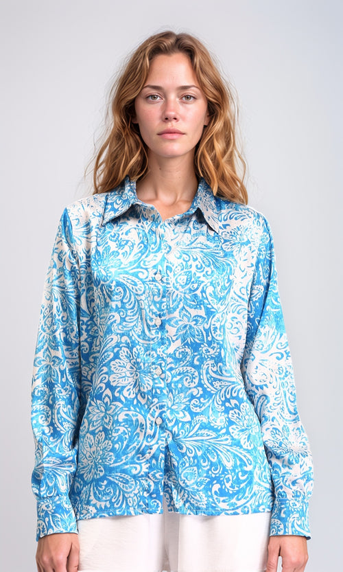 R211085 - Floral Buttoned Down Casual Shirt - Turquoise & White