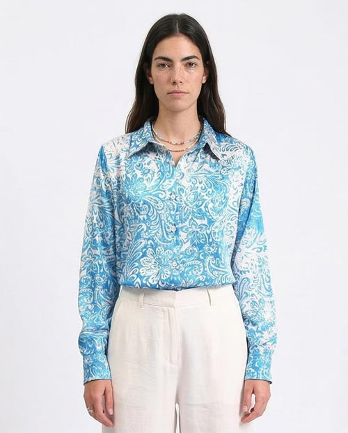 Ravin Women's Paisley Print Satin-Finish Long Sleeve Button-Down Shirt - Blue/White - R211085
