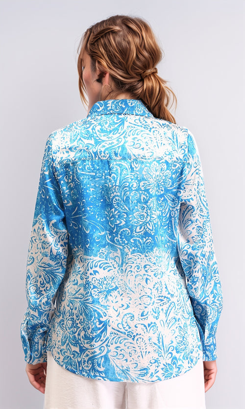 R211085 - Floral Buttoned Down Casual Shirt - Turquoise & White