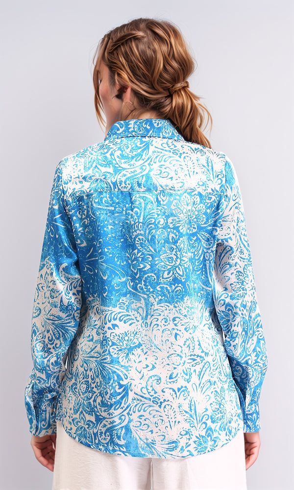 R211085 - Floral Buttoned Down Casual Shirt - Turquoise & White