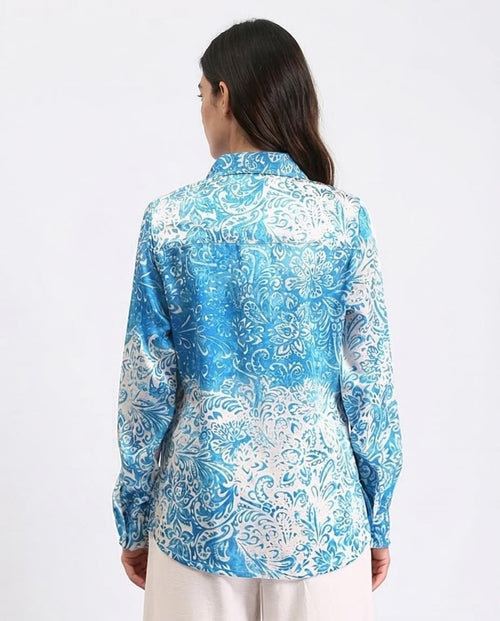Ravin Women's Paisley Print Satin-Finish Long Sleeve Button-Down Shirt - Blue/White - R211085