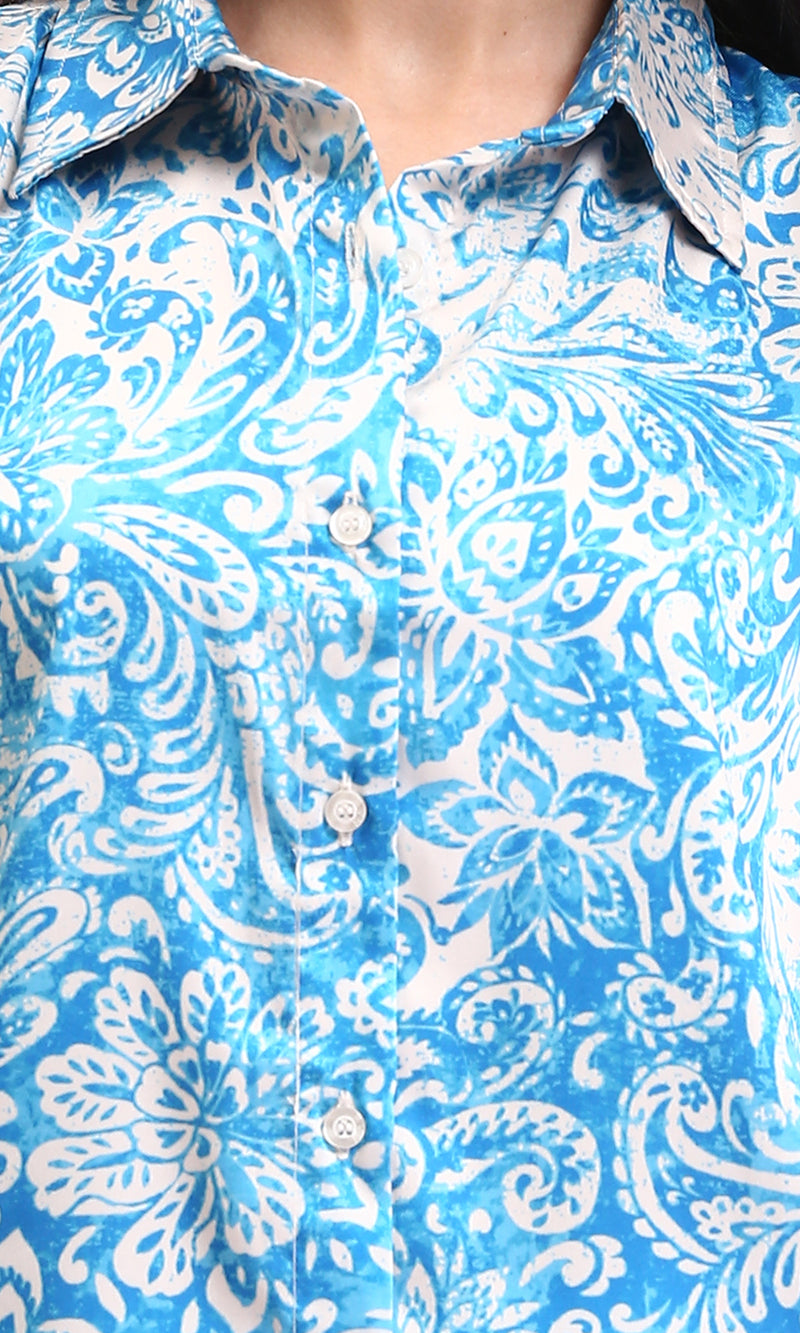 R211085 - Floral Buttoned Down Casual Shirt - Turquoise & White