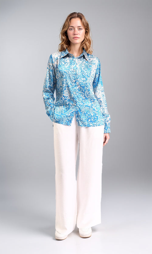 R211085 - Floral Buttoned Down Casual Shirt - Turquoise & White