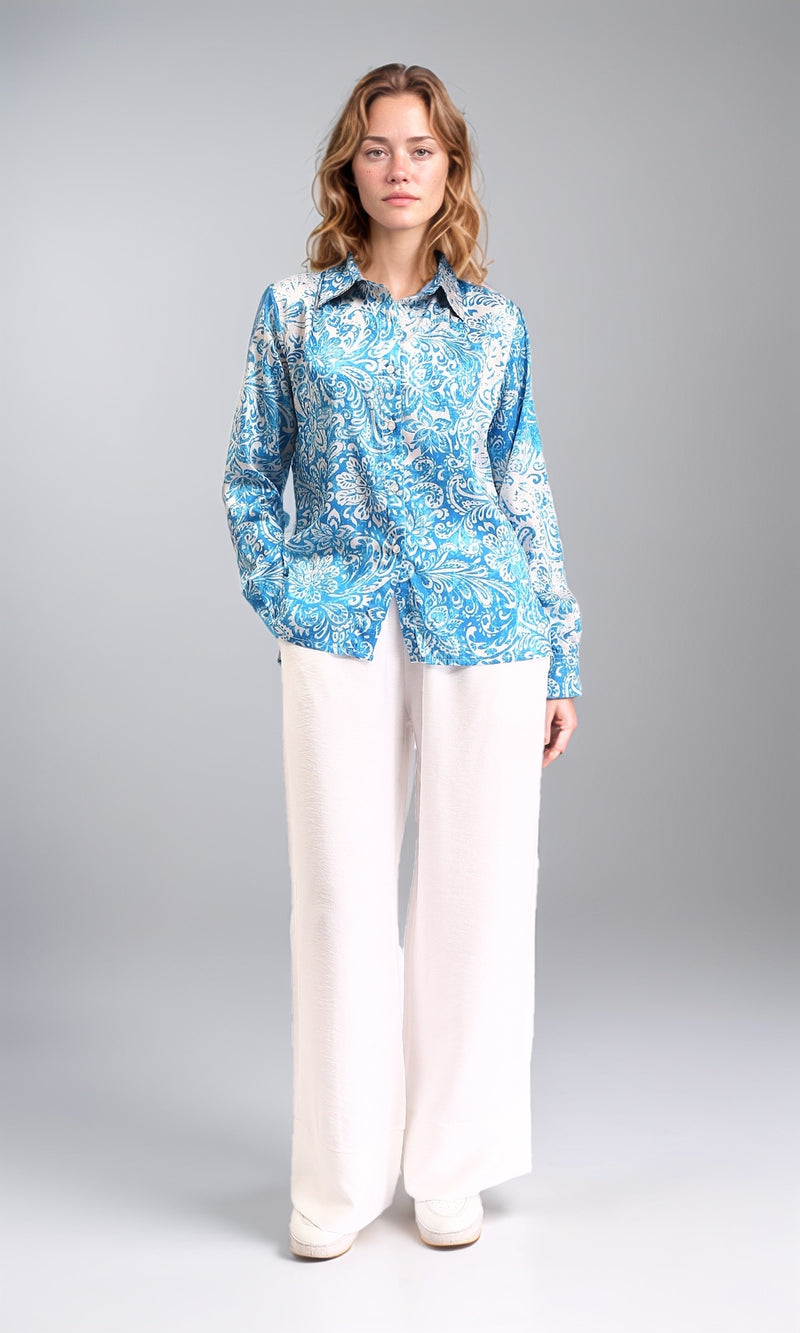 R211085 - Floral Buttoned Down Casual Shirt - Turquoise & White