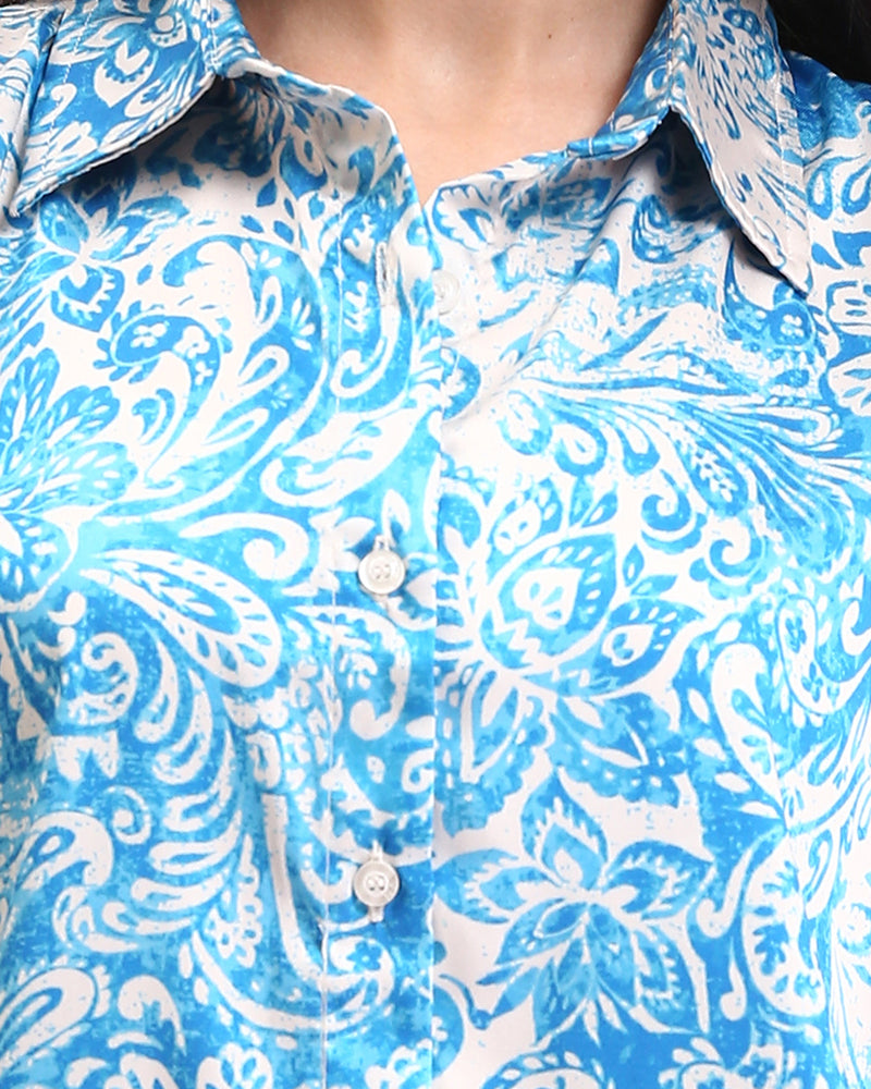 Ravin Women's Paisley Print Satin-Finish Long Sleeve Button-Down Shirt - Blue/White - R211085