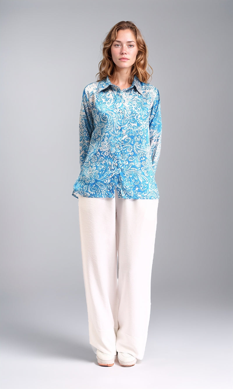 R211085 - Floral Buttoned Down Casual Shirt - Turquoise & White