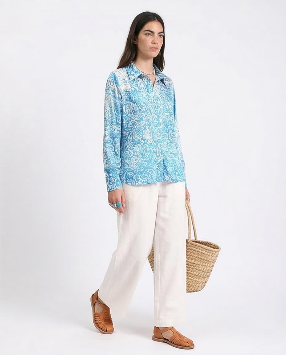 Ravin Women's Paisley Print Satin-Finish Long Sleeve Button-Down Shirt - Blue/White - R211085