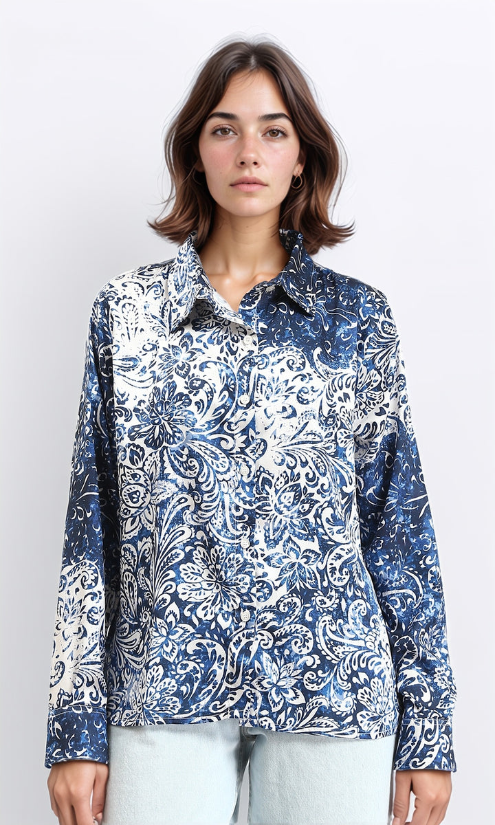 Long Sleeves Buttoned Flory Shirt - Navy Blue & White