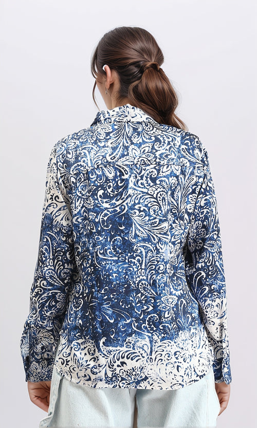 R211086 - Long Sleeves Buttoned Flory Shirt - Navy Blue & White