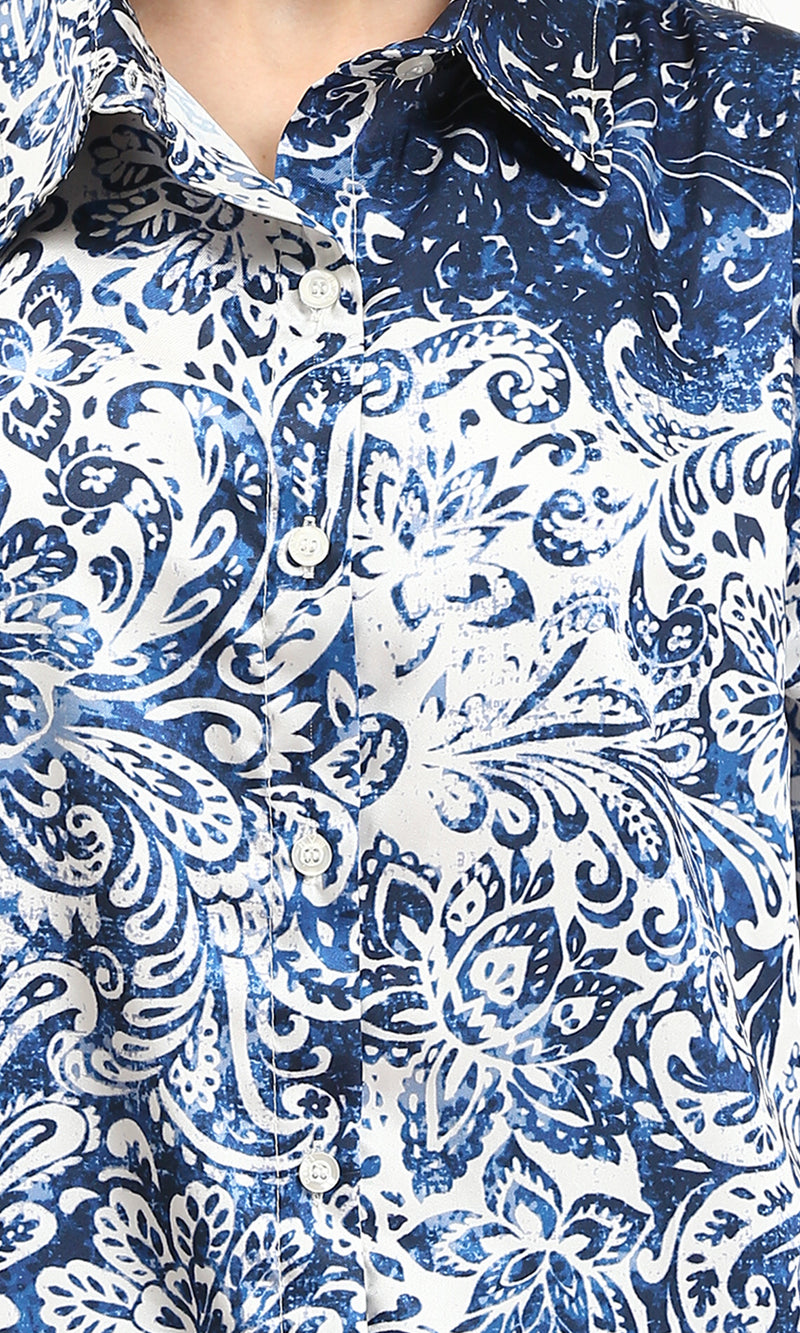 R211086 - Long Sleeves Buttoned Flory Shirt - Navy Blue & White