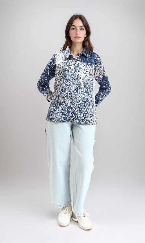 R211086 - Long Sleeves Buttoned Flory Shirt - Navy Blue & White