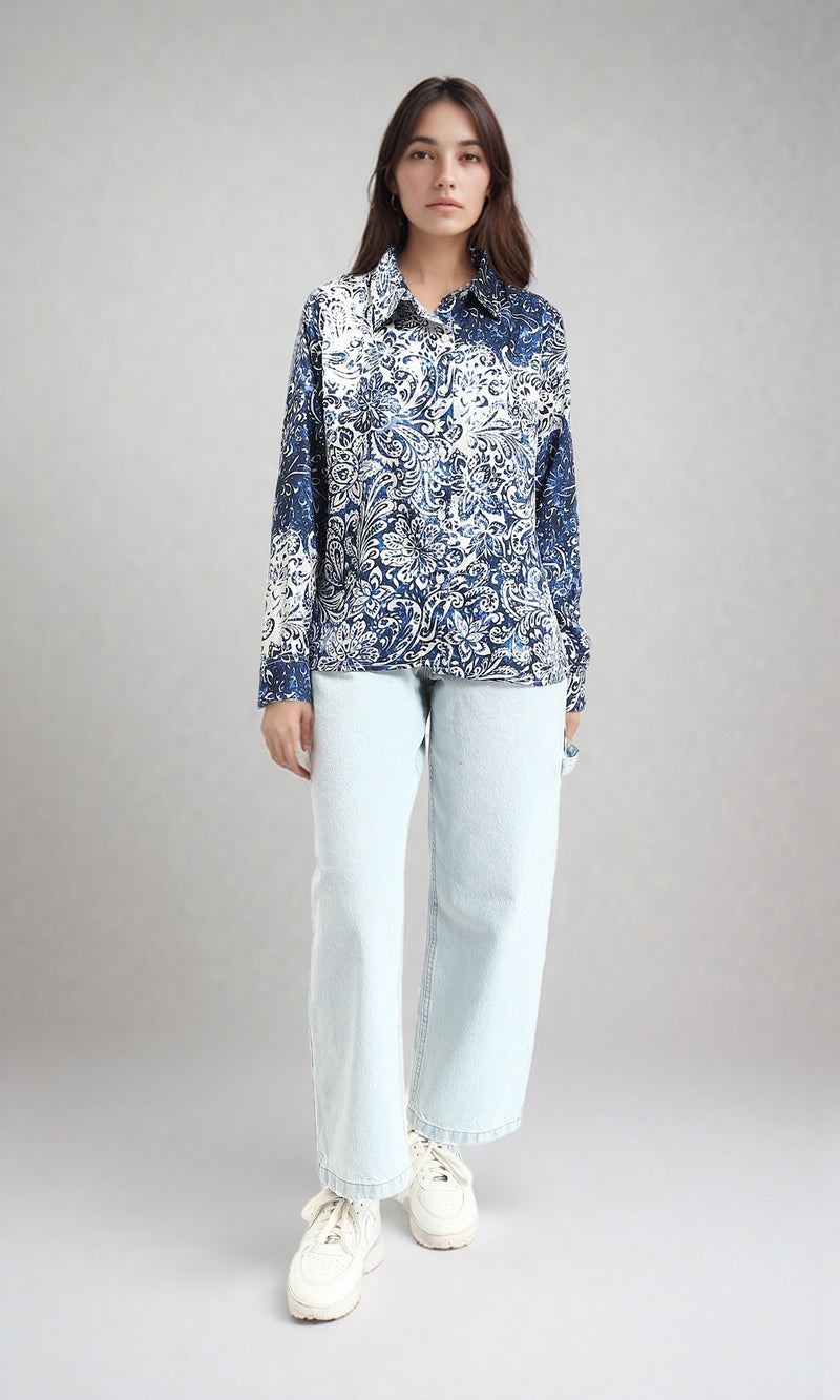 R211086 - Long Sleeves Buttoned Flory Shirt - Navy Blue & White