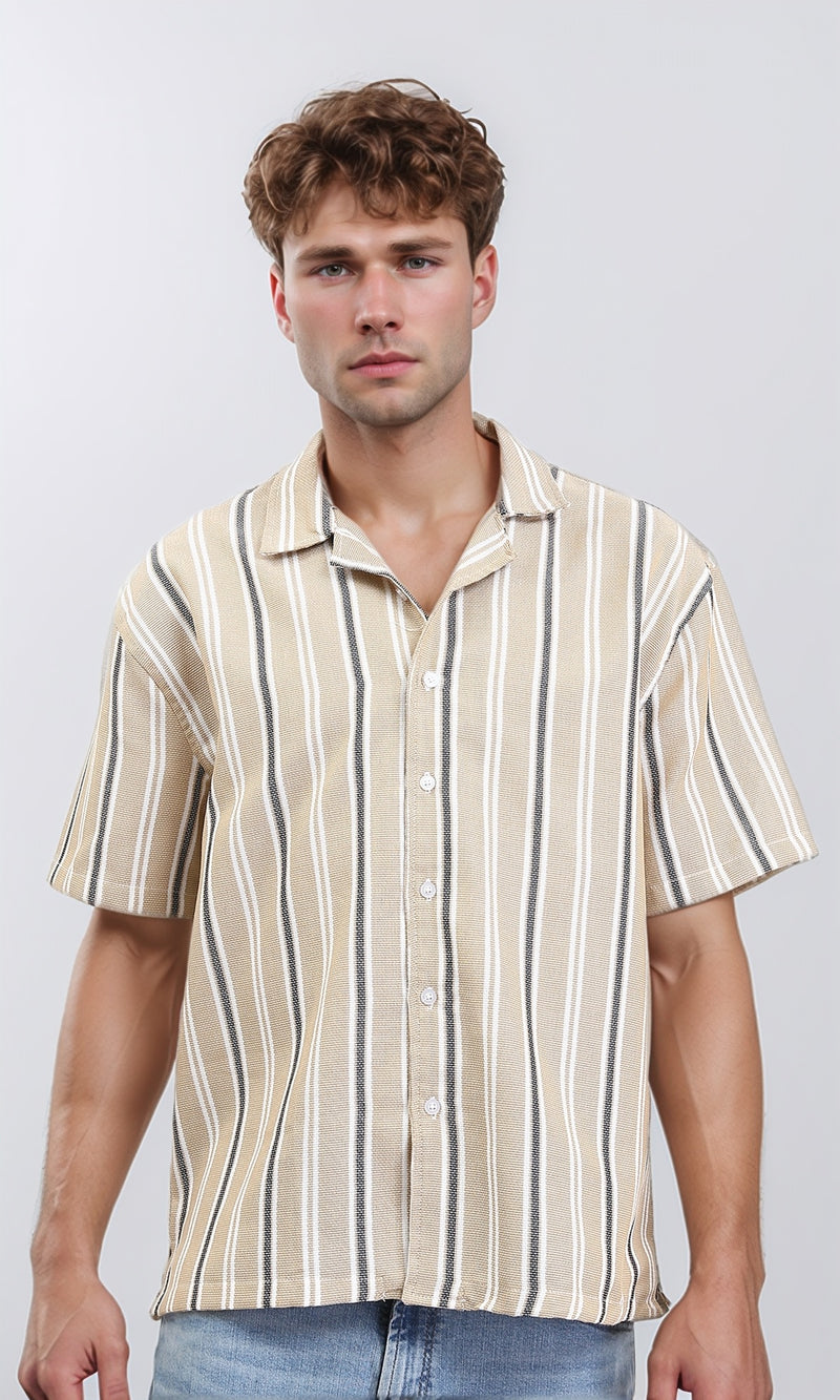 R211088 - Classic Collar Striped Summer Shirt - Dark Beige & Black