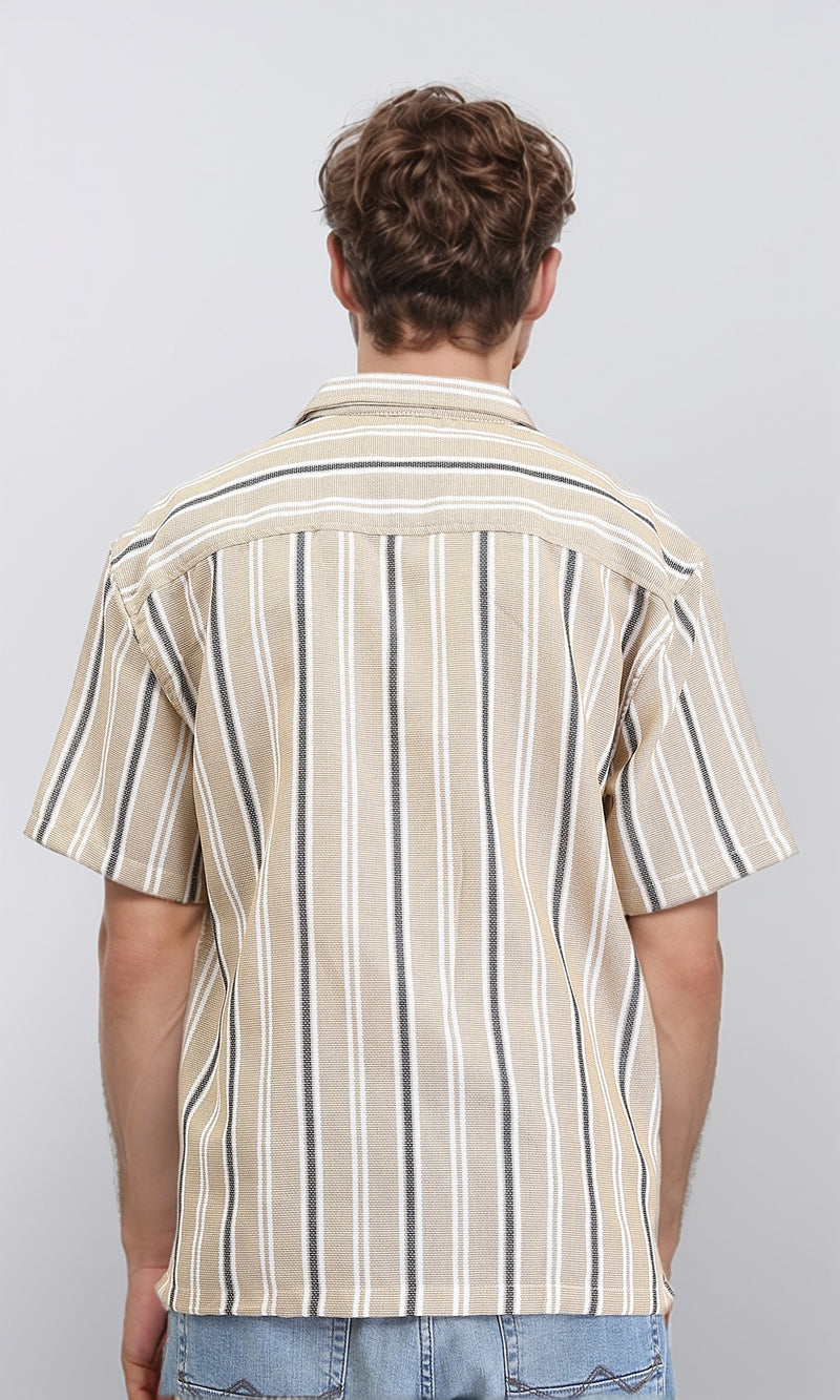 R211088 - Classic Collar Striped Summer Shirt - Dark Beige & Black