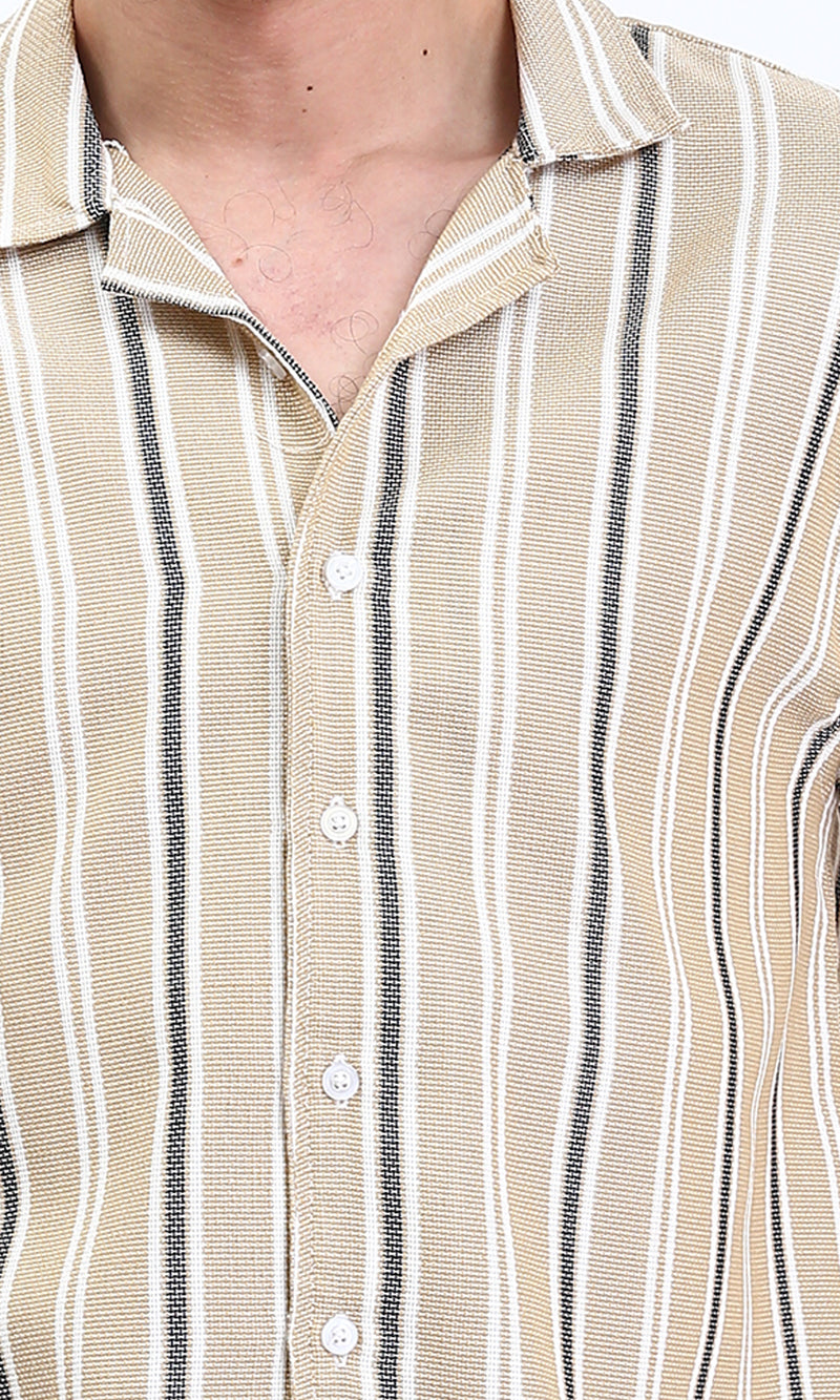 R211088 - Classic Collar Striped Summer Shirt - Dark Beige & Black