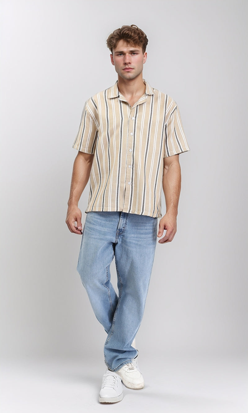 R211088 - Classic Collar Striped Summer Shirt - Dark Beige & Black