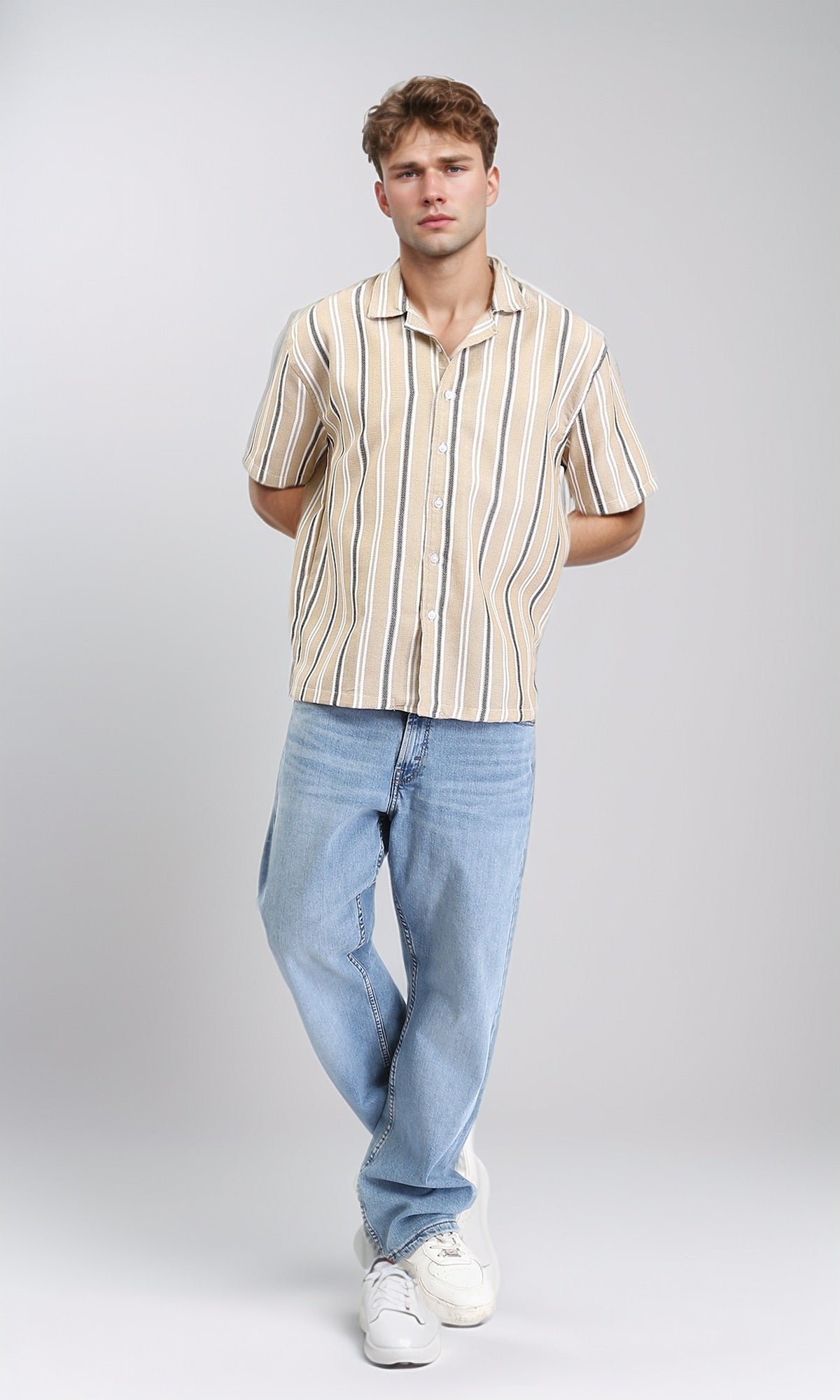 R211088 - Classic Collar Striped Summer Shirt - Dark Beige & Black