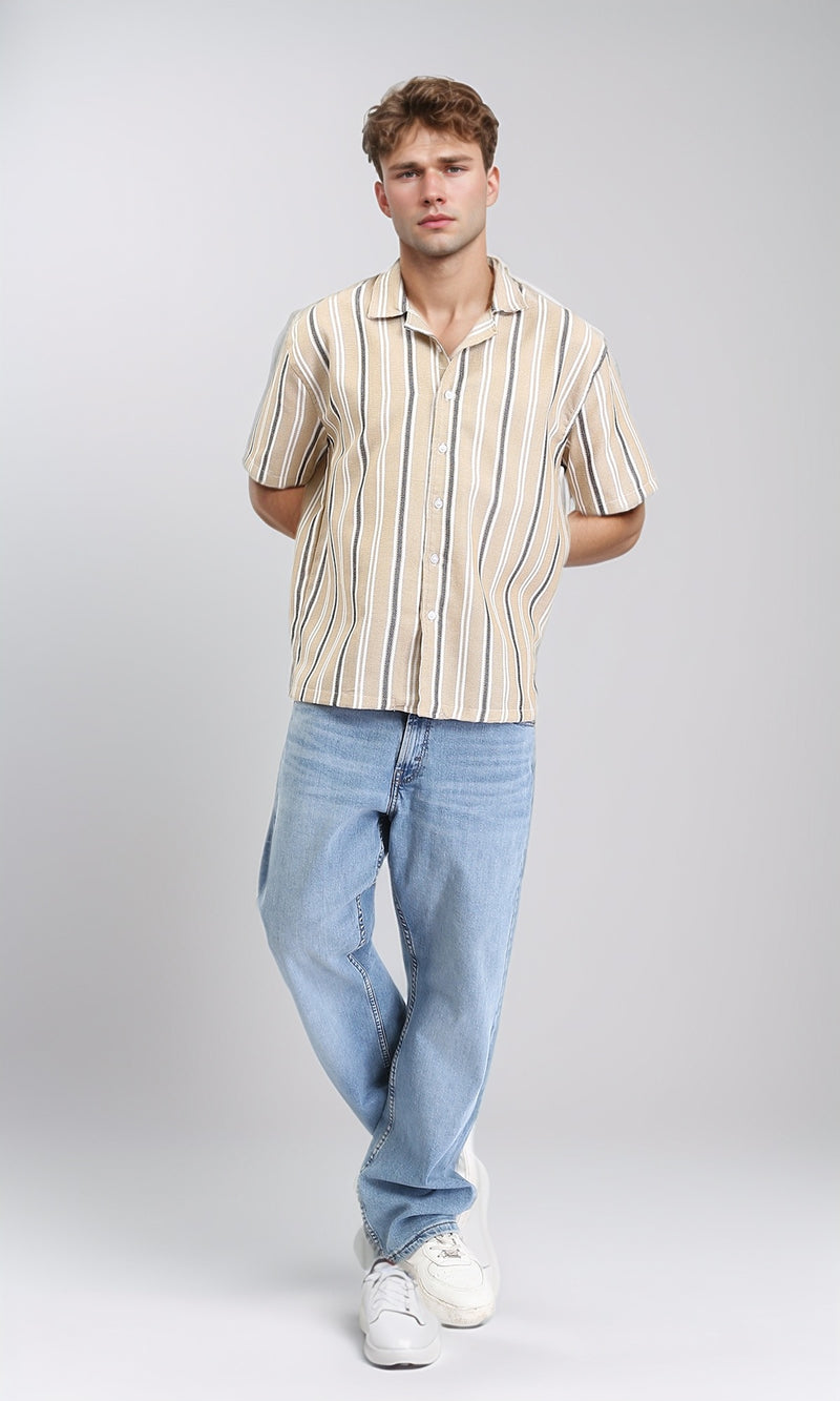 R211088 - Classic Collar Striped Summer Shirt - Dark Beige & Black