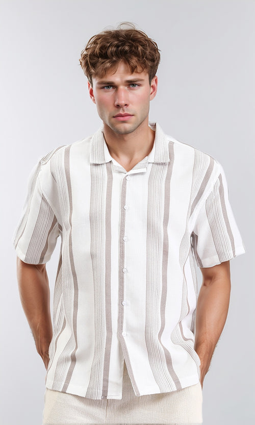 R211089 - Classic Collar Striped Summer Shirt - Coffee & Beige