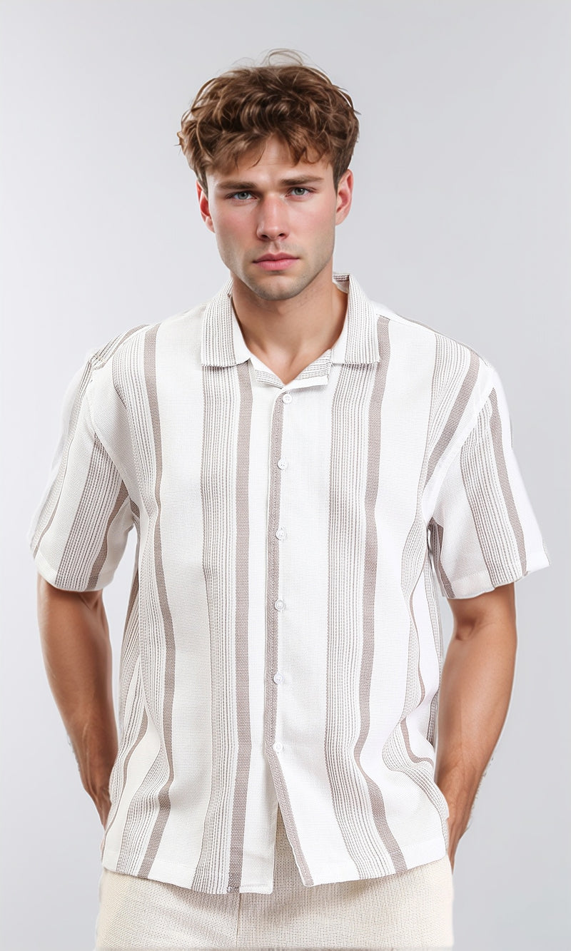 R211089 - Classic Collar Striped Summer Shirt - Coffee & Beige