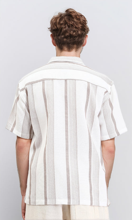 R211089 - Classic Collar Striped Summer Shirt - Coffee & Beige