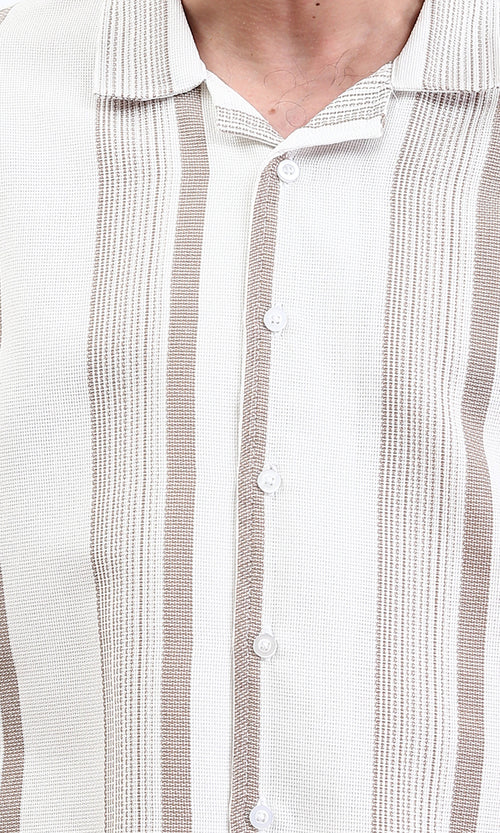 R211089 - Classic Collar Striped Summer Shirt - Coffee & Beige