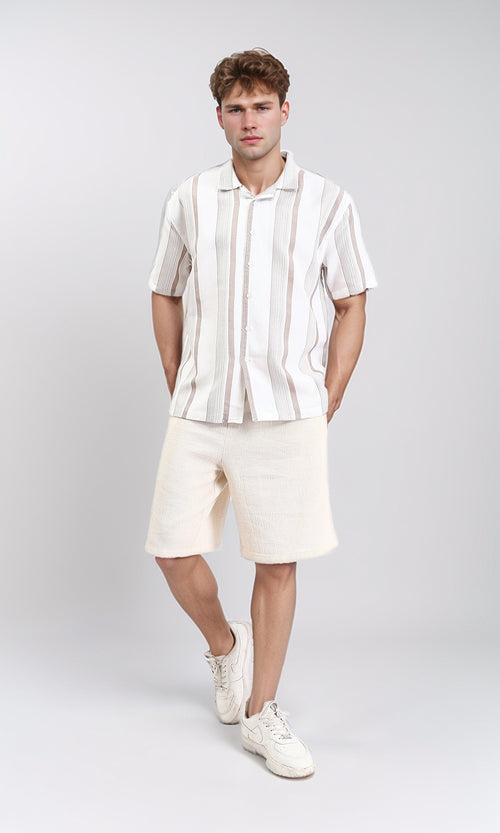 R211089 - Classic Collar Striped Summer Shirt - Coffee & Beige