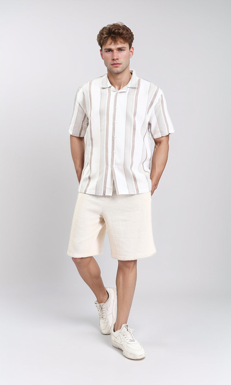 R211089 - Classic Collar Striped Summer Shirt - Coffee & Beige