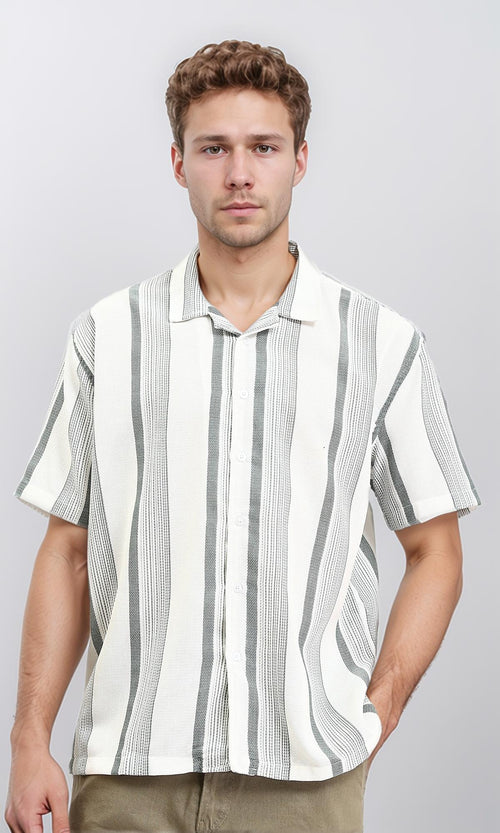 R211092 - Classic Collar Striped Summer Shirt - White & Olive