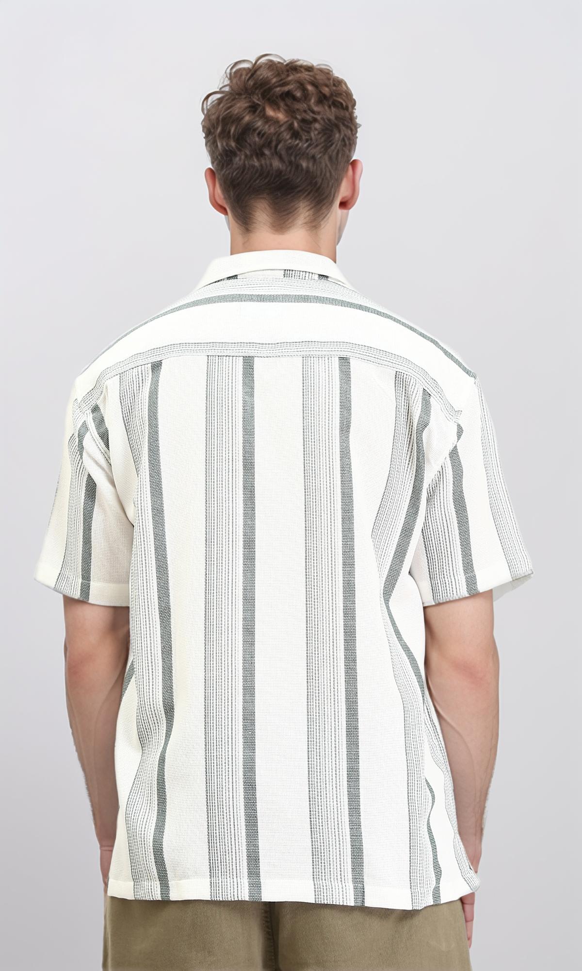 R211092 - Classic Collar Striped Summer Shirt - White & Olive