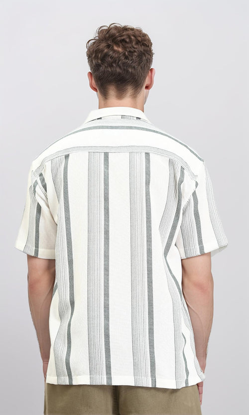 R211092 - Classic Collar Striped Summer Shirt - White & Olive
