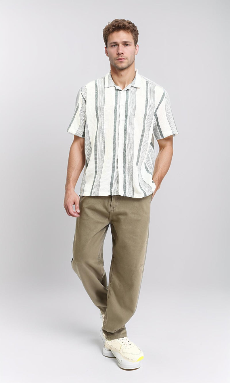 R211092 - Classic Collar Striped Summer Shirt - White & Olive
