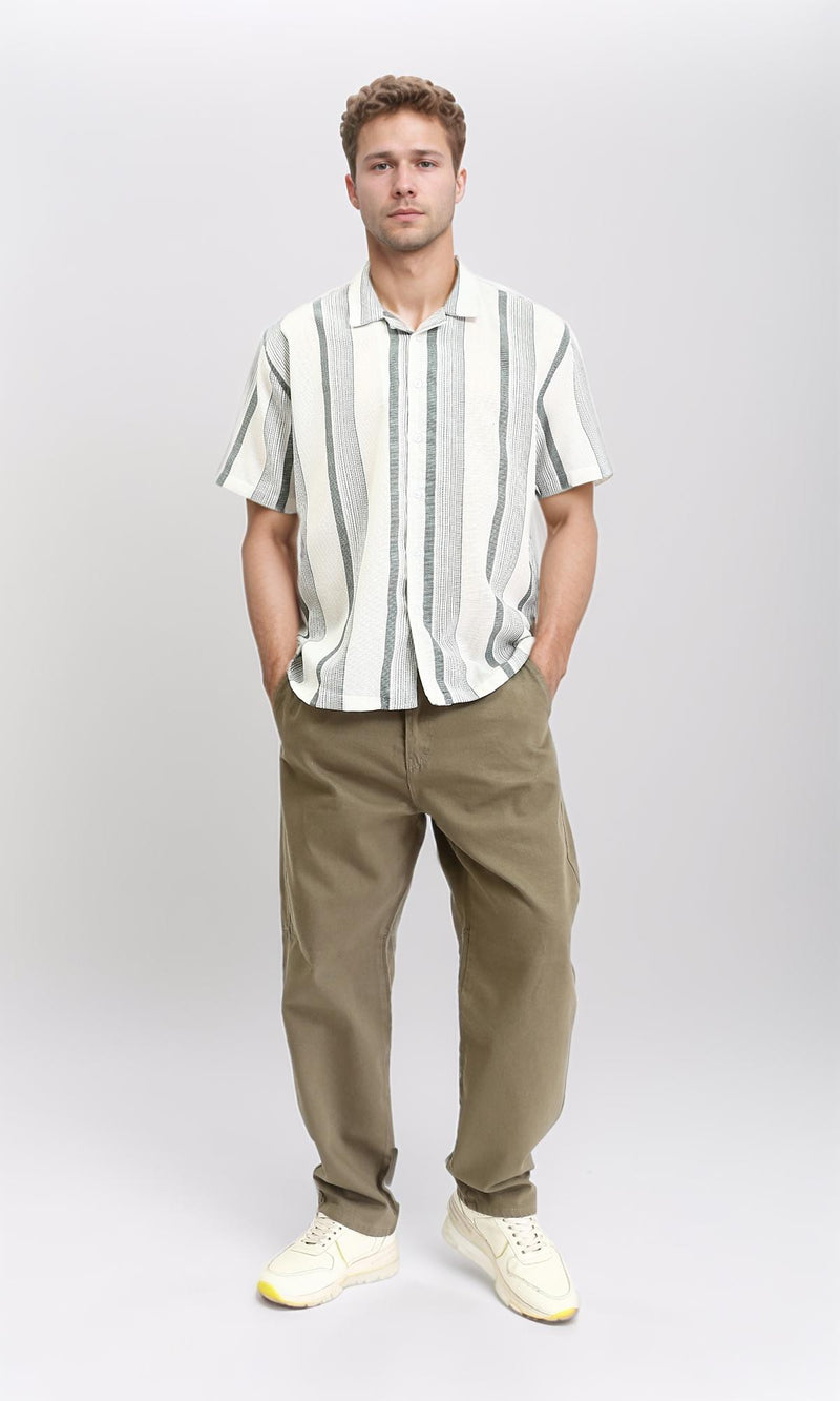 R211092 - Classic Collar Striped Summer Shirt - White & Olive