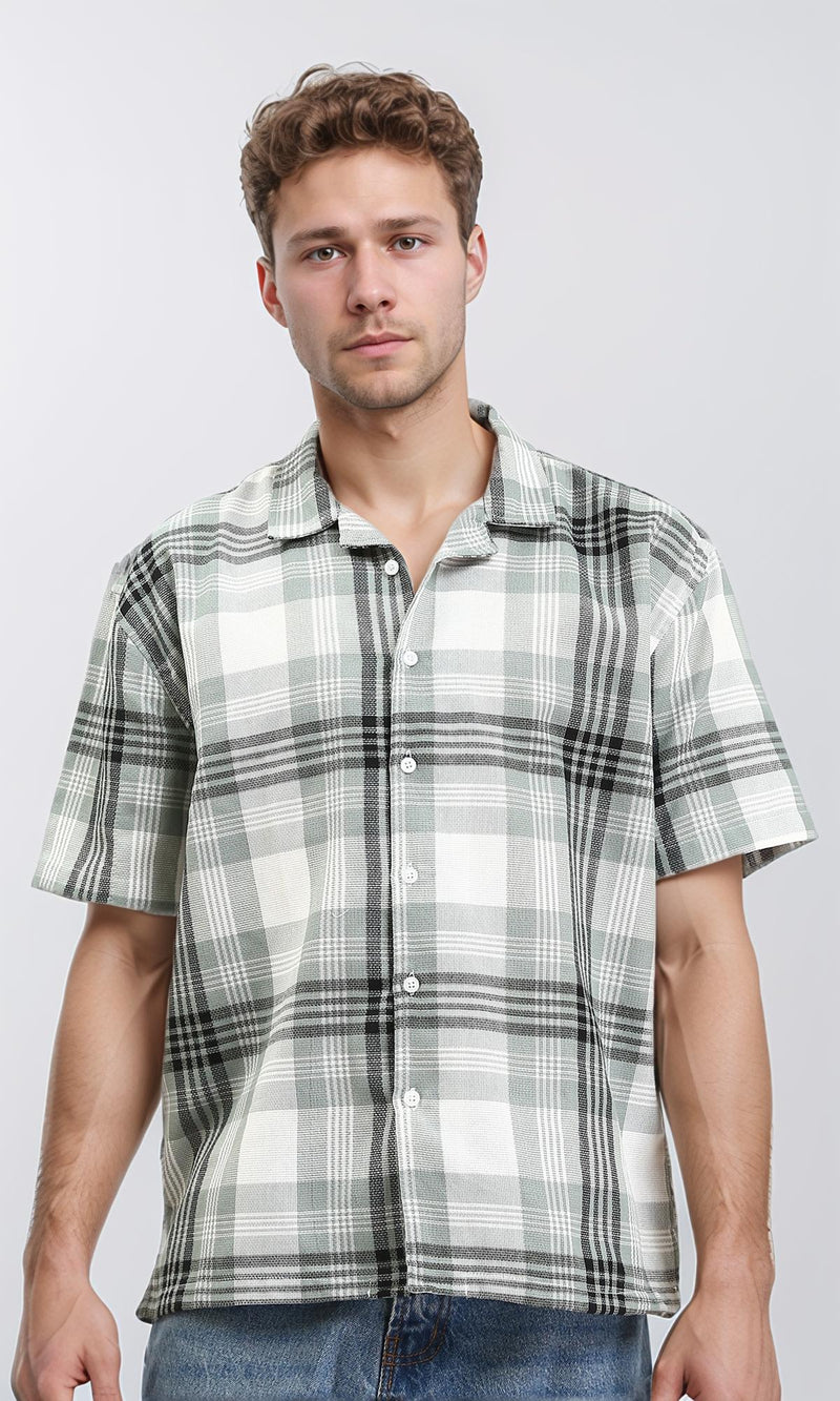 R211093 - Classic Collar Tartan Summer Shirt - Olive & White