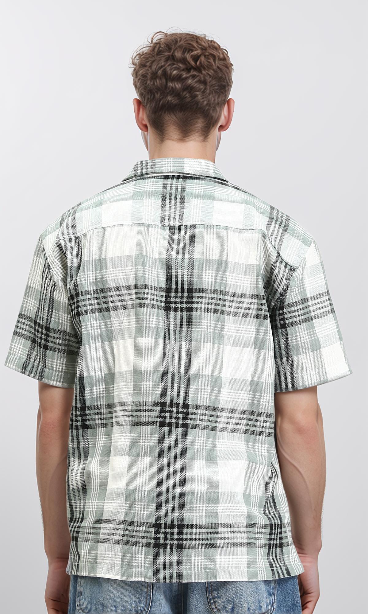 R211093 - Classic Collar Tartan Summer Shirt - Olive & White
