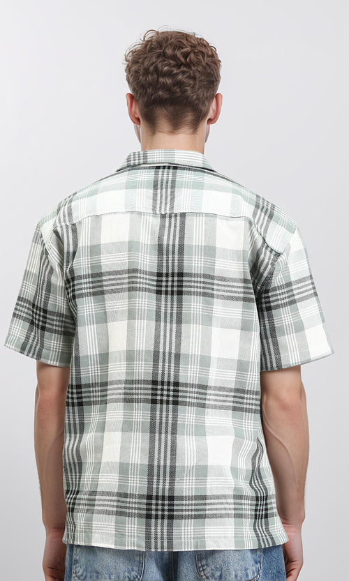 R211093 - Classic Collar Tartan Summer Shirt - Olive & White