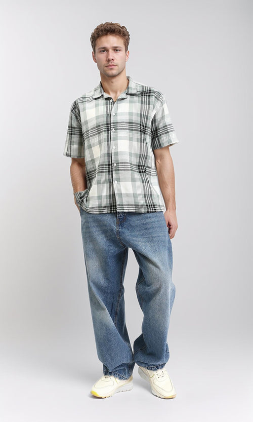 R211093 - Classic Collar Tartan Summer Shirt - Olive & White