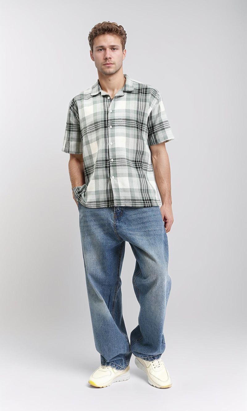 R211093 - Classic Collar Tartan Summer Shirt - Olive & White