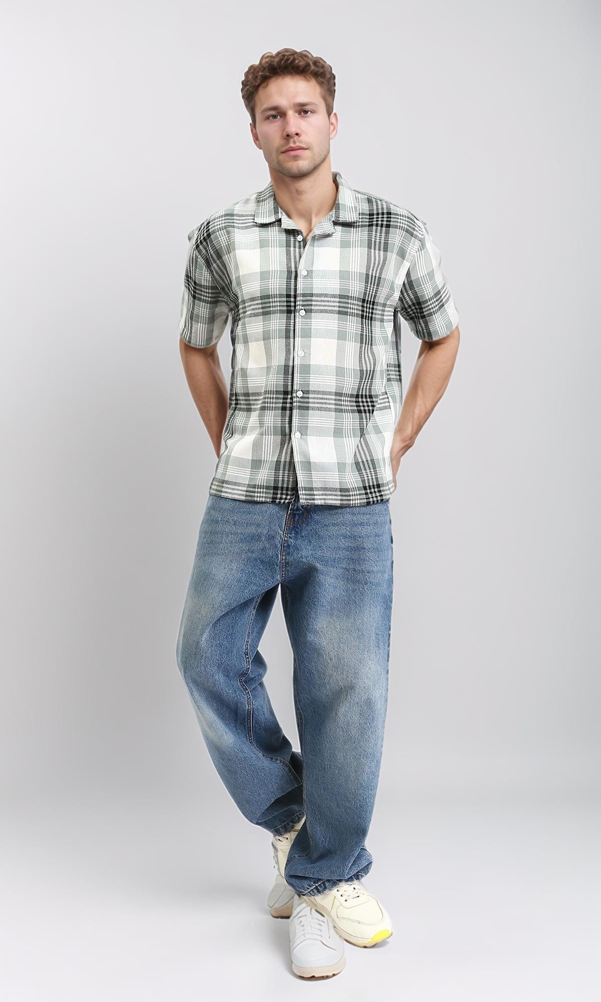 R211093 - Classic Collar Tartan Summer Shirt - Olive & White